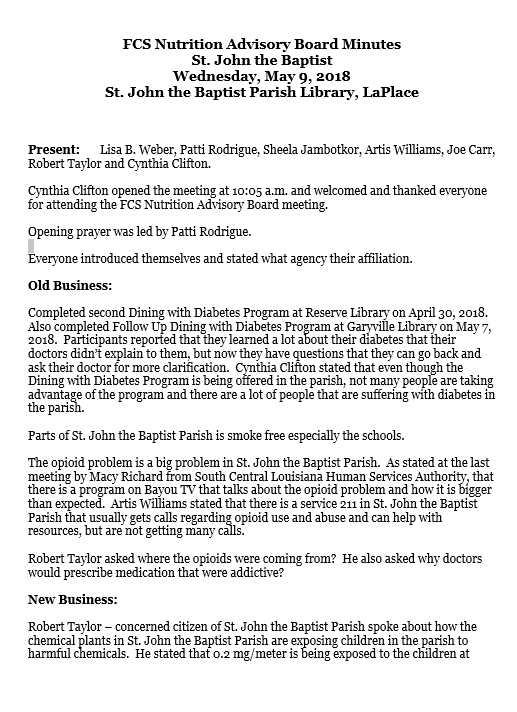 FCS Nutrition Advisory Board Minutes